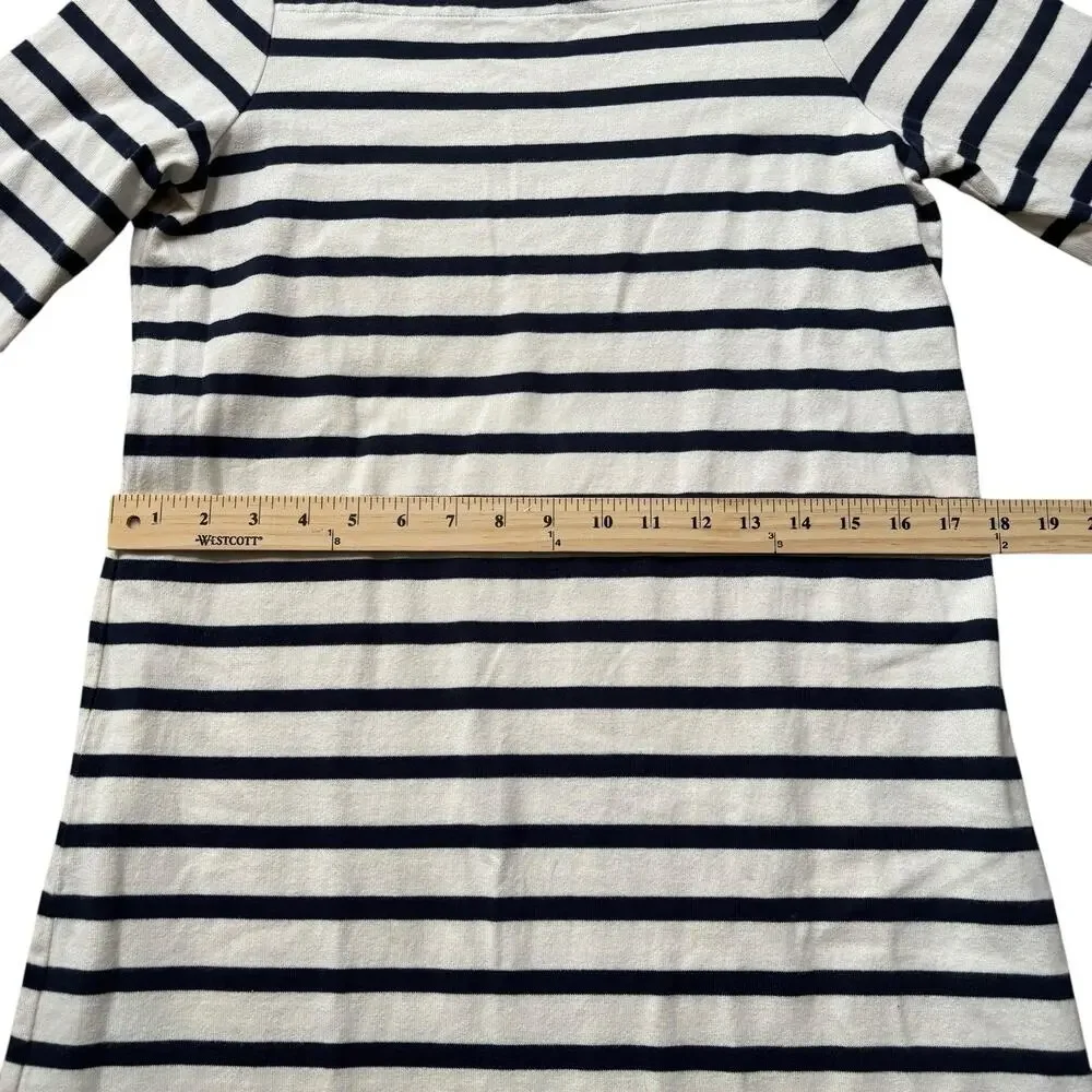 LL Bean Nautical Stripe Cotton Dress Square Neck 3/4 Sleeve Small Preppy